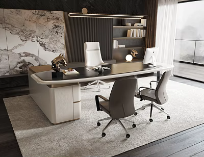 Modern Office Interior Design With Large Desk Ergonomic Chairs And Decorative Painting 3d model