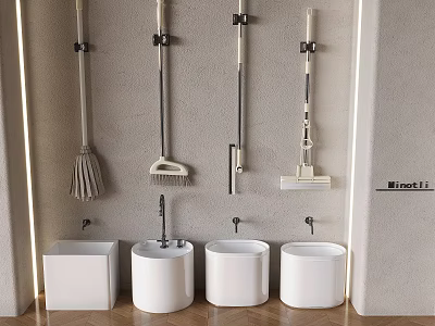 Modern Bathroom Accessories with Wall Mounted Cleaning Tools and White Buckets 3d model