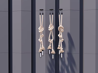 Three Beige Rope Pendant Lights With Knotted Design Featuring Bulbs On Gray Vertical Striped Wall 3d model