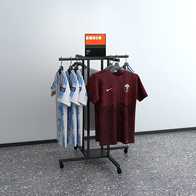 Black Wheeled Clothing Display Rack Hanging Blue White Striped and Maroon T-Shirts 3d model