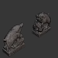 Two Stone Pig Statues With Intricate Carved Pedestals And Different Postures