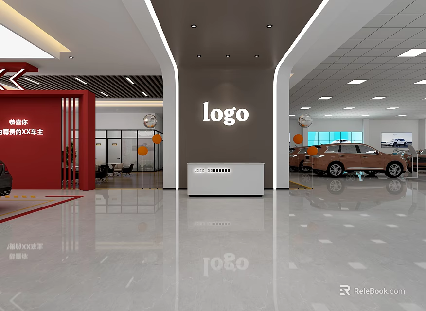 Modern Car Dealership Showroom With Logo Signage And New Cars On 3d model 