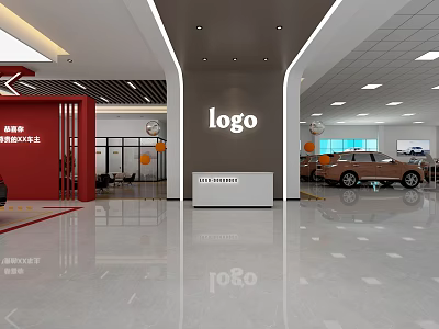Modern Car Dealership Showroom With Logo Signage And New Cars On 3d model