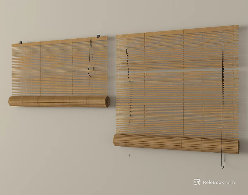 Two Natural Bamboo Window Blinds Mounted On Wall With Simple Design 3d model 