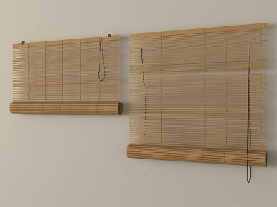 Two Natural Bamboo Window Blinds Mounted On Wall With Simple Design 3d model