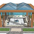 Garden Pavilion With Wooden Frame Glass Roof By Water And Greenery Seating Area