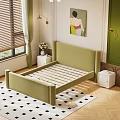 Green Bedroom With Upholstered Headboard Quilt Pillows Window Blinds Wall Art Nightstand And Checkered Rug