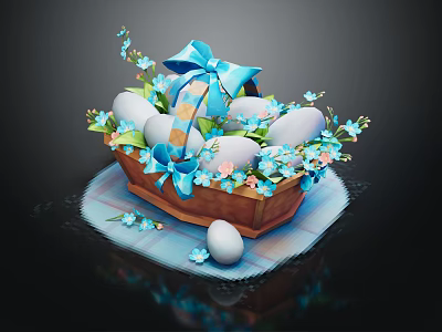 Easter Basket With Painted Eggs Blue Bow And Small Flowers On Checkered Cloth 3d model