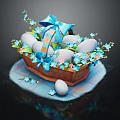 Easter Basket With Painted Eggs Blue Bow And Small Flowers On Checkered Cloth 3d model
