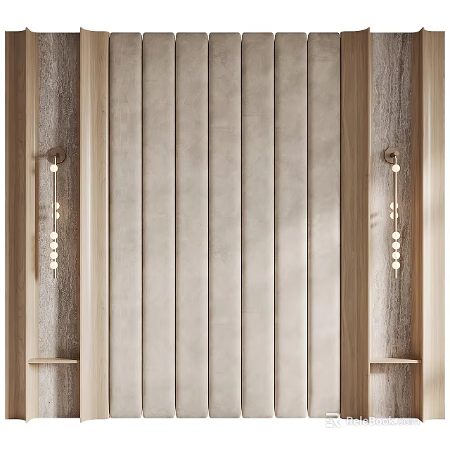 Modern Elegant Bedroom Accent Wall With Wooden Slats And Pearl Decor Wall Sconces 3d model 