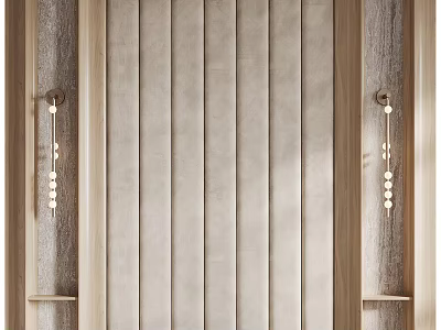 Modern Elegant Bedroom Accent Wall With Wooden Slats And Pearl Decor Wall Sconces 3d model