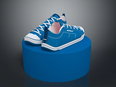 Blue Canvas Lace Up Low Top Shoes Displayed On Blue Cylinder Stand 3d model