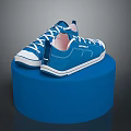 Blue Canvas Lace Up Low Top Shoes Displayed On Blue Cylinder Stand