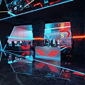 Modern Hotel Public Lounge Interior With Neon Lights Glass Walls And Sofas