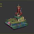 Scenic Waterfront View of Lighthouse with Small Cabin on Wooden Platform Over Green Water