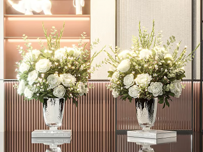Two Silver Vases With White Rose Bouquets On Sleek Surface And Backlit Shelves 3d model
