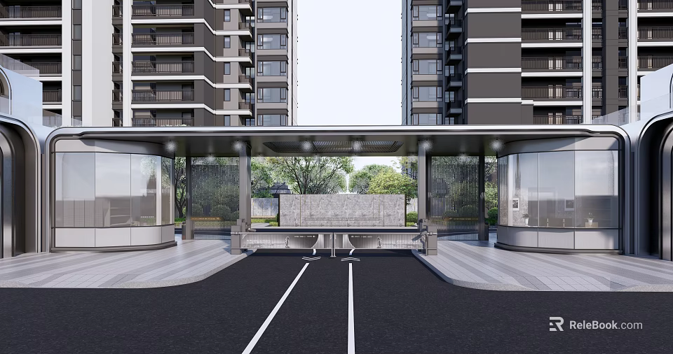 Modern Residential Entrance Gate Design With Glass Structure Canopy And High Rise Buildings 3d model 