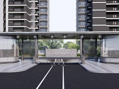 Modern Residential Entrance Gate Design With Glass Structure Canopy And High Rise Buildings 3d model