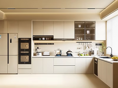 Modern Kitchen Interior Featuring Beige Cabinets Refrigerator Oven Sink Countertop And Window 3d model