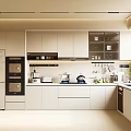 Modern Kitchen Interior Featuring Beige Cabinets Refrigerator Oven Sink Countertop And Window