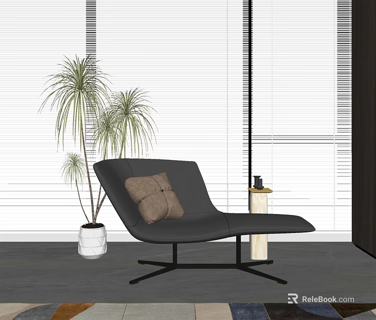 Modern Black Chaise Lounge With Pillow Palm Plant And Window Blinds 3d model 