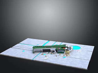 Construction Model With Gray Ground Green Mechanical Arm Blue Circle Scattered Parts And Yellow Fence 3d model