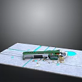 Construction Model With Gray Ground Green Mechanical Arm Blue Circle Scattered Parts And Yellow Fence