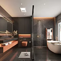 Modern Bathroom Interior Design With White Bathtub Black Cabinets Wooden Vanity And Large Mirror