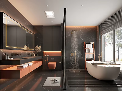 Modern Bathroom Interior Design With White Bathtub Black Cabinets Wooden Vanity And Large Mirror 3d model