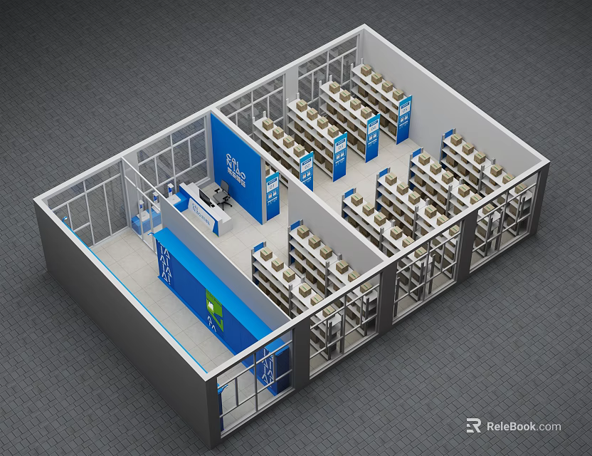 Aerial View of Office Interior Layout With Blue Partitions And Neatly Arranged Desks 3d model 