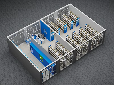 Aerial View of Office Interior Layout With Blue Partitions And Neatly Arranged Desks 3d model