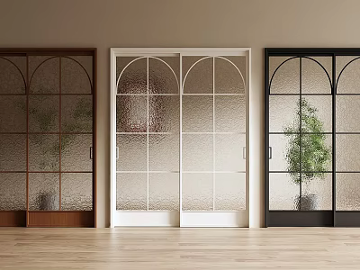 Different Colored Sliding Doors With Arched Glass In Modern Interior With Wooden Floor And Plants 3d model