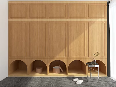 Wooden Built in Wardrobe with Arched Storage Compartments and Modern Interior 3d model