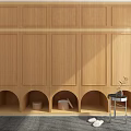 Wooden Built in Wardrobe with Arched Storage Compartments and Modern Interior