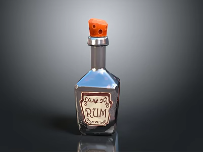 Shiny Silver Rum Bottle With Orange Cork Stopper And Vintage Label 3d model
