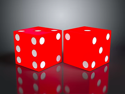 Two Red Dice With White Dots On Shiny Reflective Surface 3d model