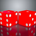 Two Red Dice With White Dots On Shiny Reflective Surface
