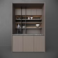 Elegant Wooden Decorative Cabinet With Marble Countertop Textured Back Panel And Shelves Displaying Vases Bowls