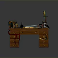 Vintage Wooden Desk with Drawers Table Lamp Notebook and Parrot Ornament