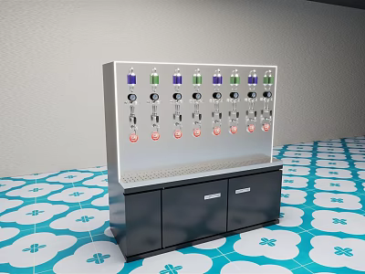 Commercial Equipment with Multiple Colored Bottles Control Panels and Storage Cabinets on Blue Patterned Floor 3d model