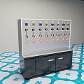 Commercial Equipment with Multiple Colored Bottles Control Panels and Storage Cabinets on Blue Patterned Floor