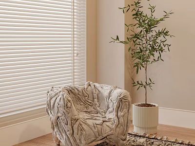 Plush Textured Single Seater Sofa With White Potted Plant White Blinds And Wooden Floor Rug 3d model