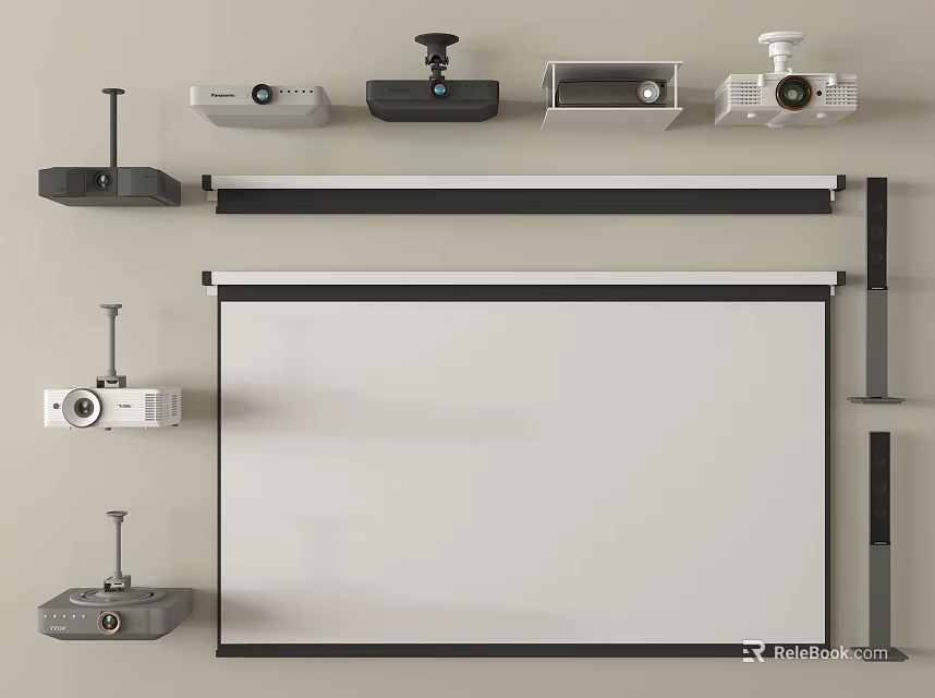 Modern Projection Monitoring Setup With Multiple Projectors Projection Screen And Mounting Brackets 3d model