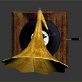 Vintage Gramophone Classic Design with Yellow Horn Black Record and Wooden Base