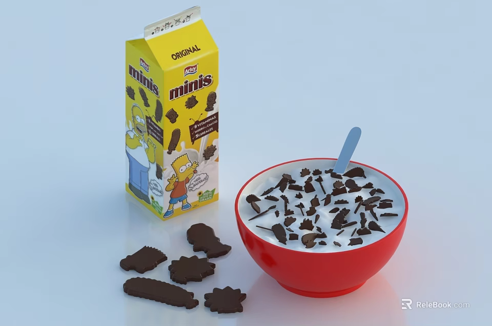 Minis Milk Carton With Red Bowl Containing Milk Chocolate Pieces And Scattered Snacks 3d model 