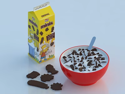 Minis Milk Carton With Red Bowl Containing Milk Chocolate Pieces And Scattered Snacks 3d model