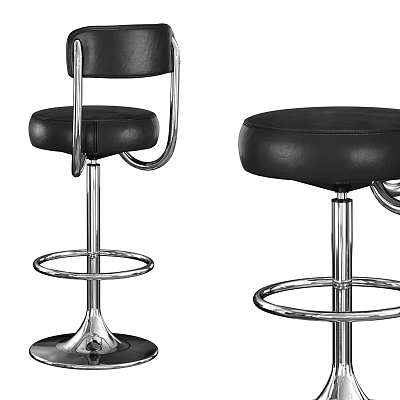 Stylish Black Leather Bar Stools With Metal Frame And Footrest Ring 3d model