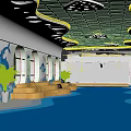 Ocean Themed Indoor Space With Whale Murals And Sofas 3d model