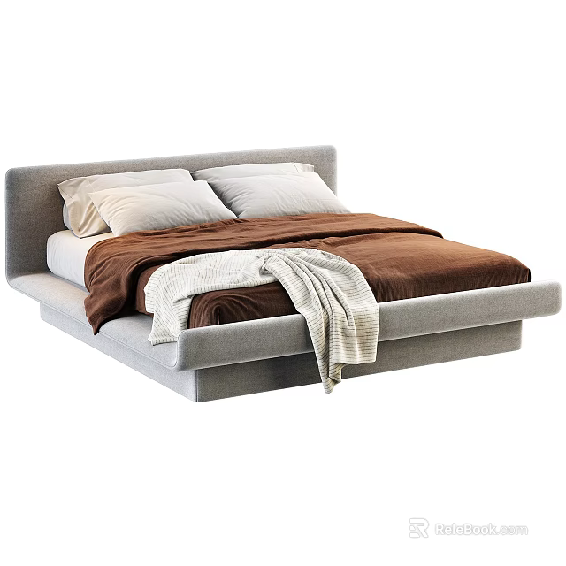 Modern Double Bed With Gray Frame Brown Comforter And White Pillowcases 3d model