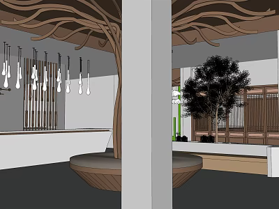 Modern Hotel Lobby Interior With Large Decorative Tree Chandeliers Reception Desk And Green Plants 3d model